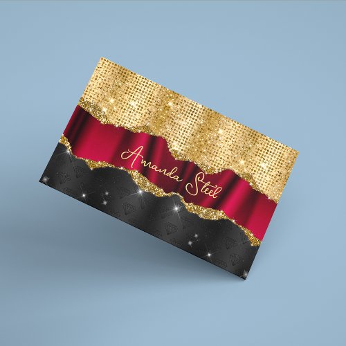 Stylish faux Glitter Red Gold black monogram  Busi Business Card Magnet