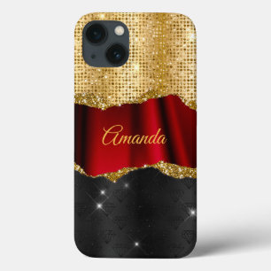 Stylish faux Glitter Red Gold black monogram iPhone 13 Case