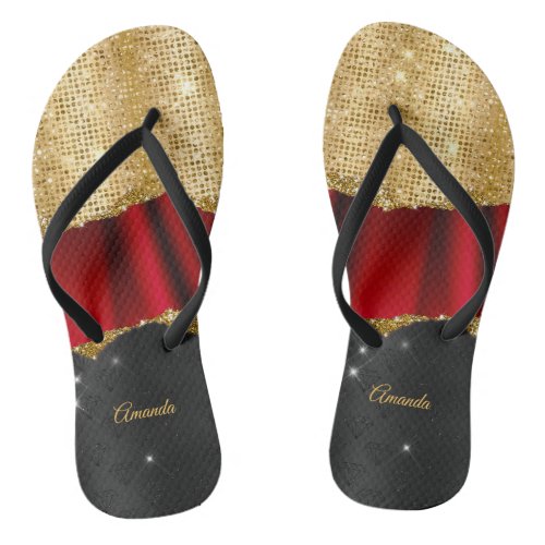 Stylish faux Glitter Red Gold black monogram Flip Flops