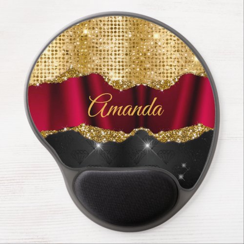 Stylish faux Glitter Red Gold black monogram Gel Mouse Pad