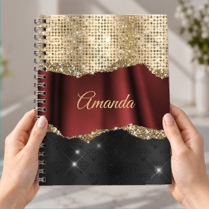 Stylish faux Glitter Red Gold black monogram Notebook