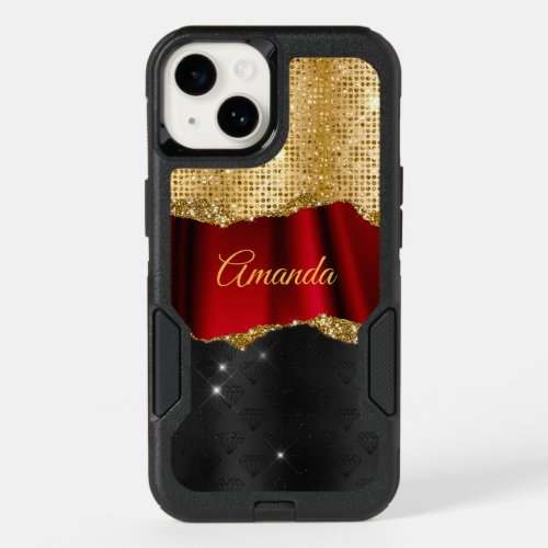 Stylish faux Glitter Red Gold black monogram OtterBox iPhone 14 Case