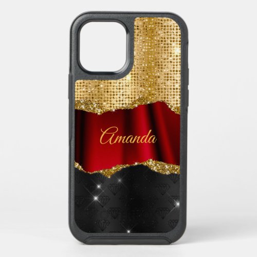 Stylish faux Glitter Red Gold black monogram OtterBox Symmetry iPhone 12 Pro Case