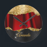 Stylish faux Glitter Red Gold black monogram Round Clock<br><div class="desc">Easily personalize this trendy, chic bling Luxury Wall Clock design featuring elegant girly faux glitter bling in red , black and gold. This makes the perfect sweet 16 birthday, wedding, bridal shower, anniversary, baby shower or bachelorette party gift for someone that loves glam luxury and chic styles. Show off your...</div>
