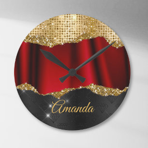 Stylish faux Glitter Red Gold black monogram Round Clock