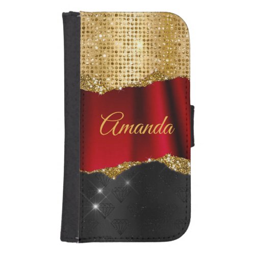 Stylish faux Glitter Red Gold black monogram Galaxy S4 Wallet Case