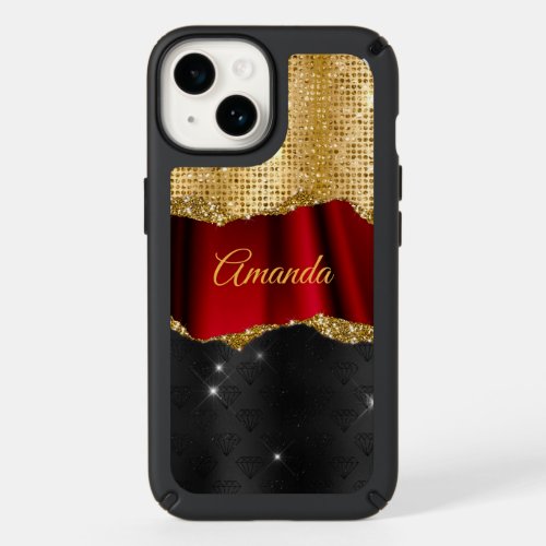 Stylish faux Glitter Red Gold black monogram Speck iPhone 14 Case