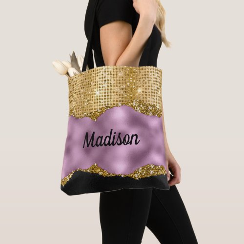 Stylish faux Glitter Violet Gold black monogram Tote Bag