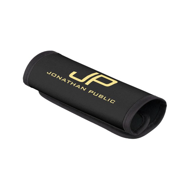 Stylish Faux Gold & Black Monogram Name Template Luggage Handle Wrap (Angled)