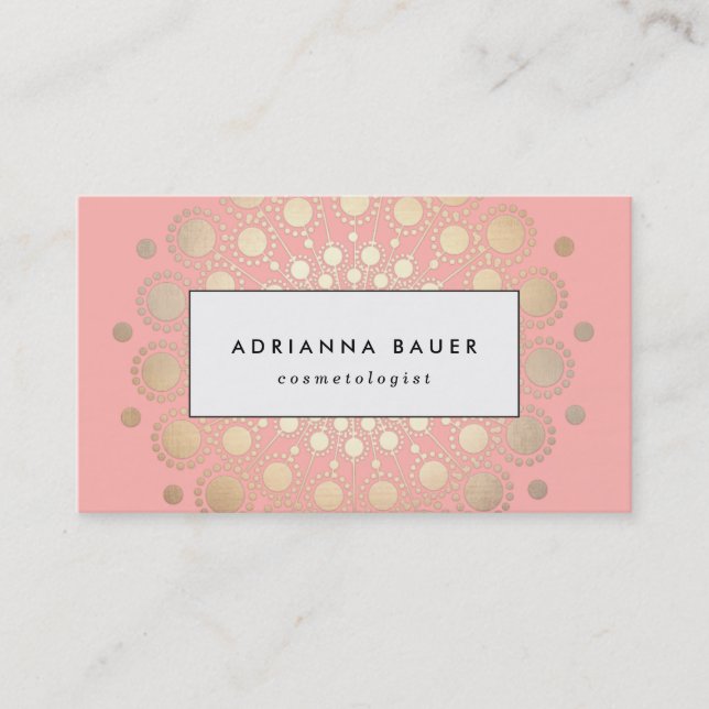 Stylish Faux Gold Foil Circle Motif Pink Business Card (Front)