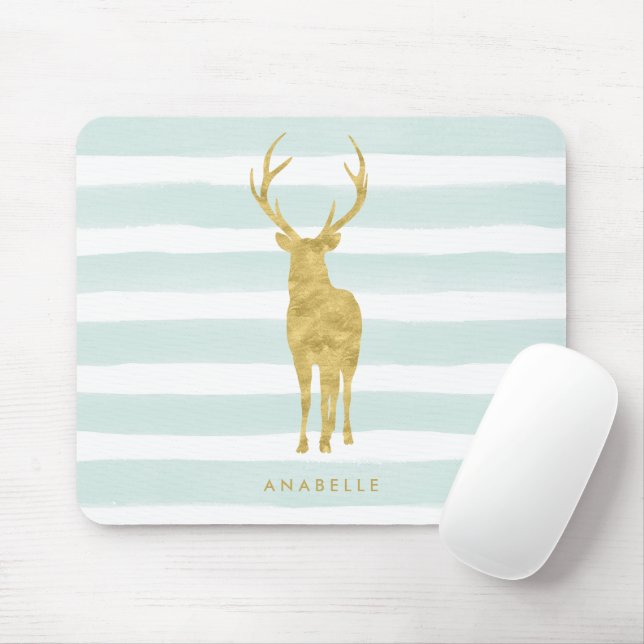 Stylish Faux Gold Foil Deer on Mint Stripes Mouse Pad (With Mouse)