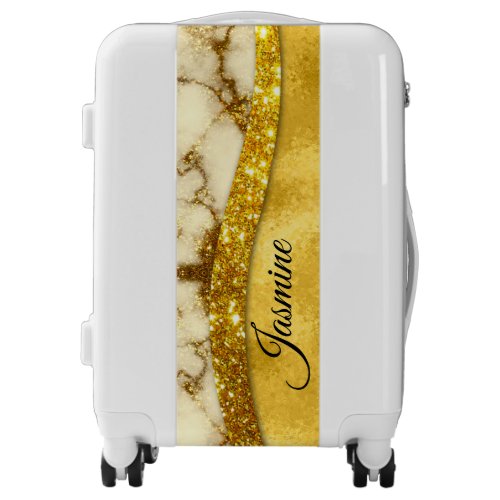 Stylish faux Gold glitter marble art Personalised Luggage