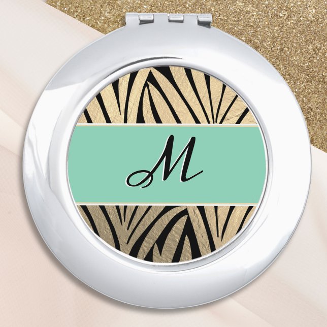 Stylish Faux Gold Leaves Black Aqua Monogrammed Compact Mirror (A pretty compact mirror with faux gold leaves on black, with aqua panel and monogram initial)