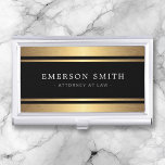 Stylish faux golden gradient borders black business card case<br><div class="desc">Elegant,  black and golden gradient (printed image with a brushed metal effect simulated in the artwork) business card holder with your name and title/company name printed on the front. White and gray text.</div>