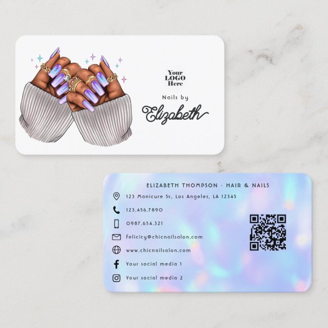  Stylish Faux Holographic Nail Salon Branding Business Card (Front/Back)