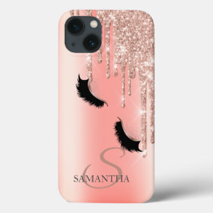 Stylish Faux Lashes Glitter Rose Gold Drips iPhone 13 Case