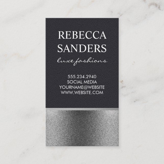 Stylish Faux Leather Silver Glitter Trim Business Card (Front)