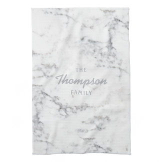 Stylish Faux Marble Texture And Custom Family Name Kitchen Towel