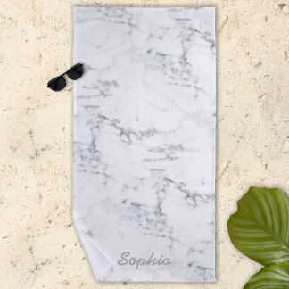 Stylish Faux Marble Texture Look With Custom Name Beach Towel