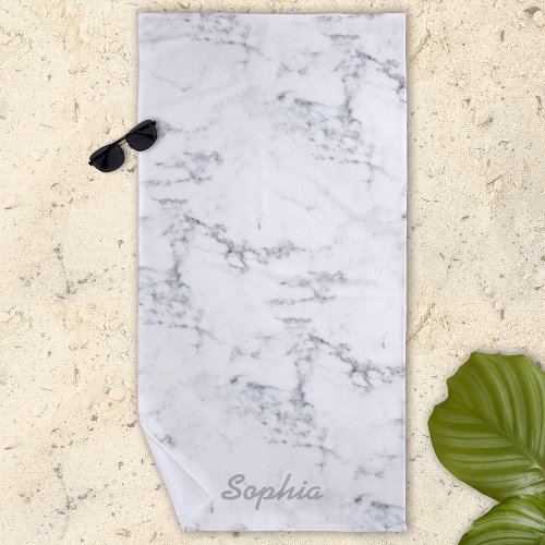 Stylish Faux Marble Texture Look With Custom Name Beach Towel