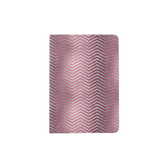 Stylish Faux pink & silver chevrons Foil Passport Holder (Front)