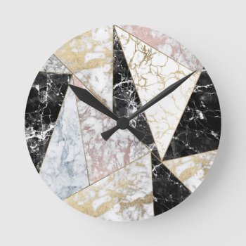 Stylish Faux Rose Gold Black White Luxury Marble Round Clock by pink_water at Zazzle