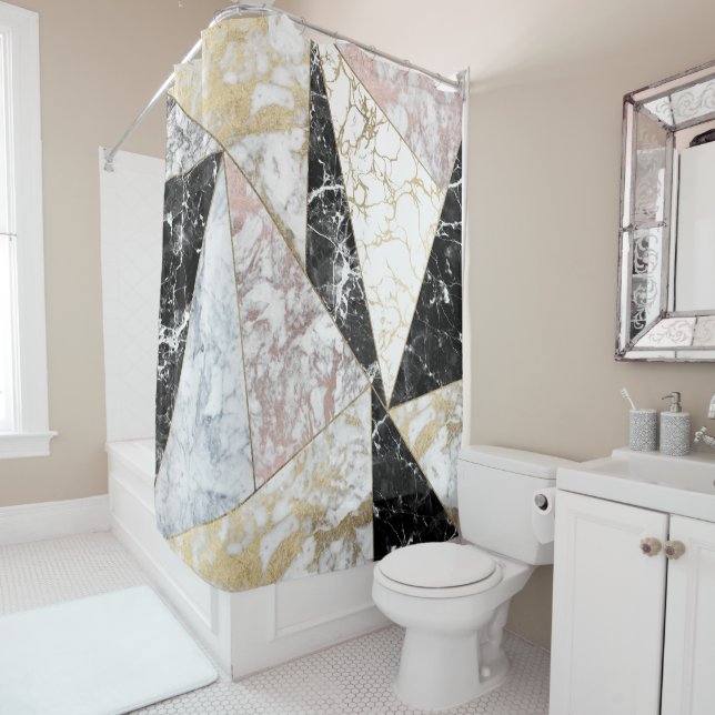 Stylish faux rose gold black white luxury marble shower curtain (In Situ)