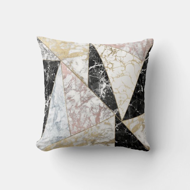 Stylish faux rose gold black white luxury marble throw pillow (Front)