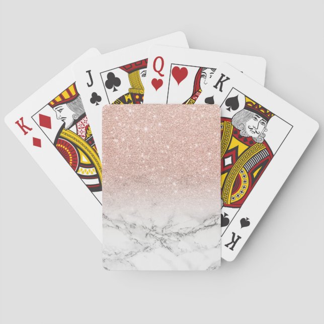Stylish faux rose pink glitter ombre white marble poker cards (Back)