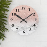 Stylish faux rose pink glitter ombre white marble round clock<br><div class="desc">A cool,  trendy and stylish faux rose gold pink glitter ombre on modern white marble background. You can personalize it by adding your name or monogram</div>