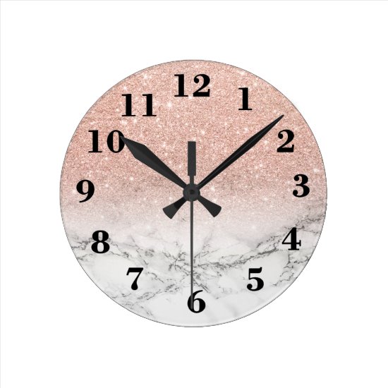 Stylish faux rose pink glitter ombre white marble round clock