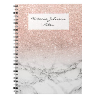 Stylish faux rose pink glitter ombre white marble spiral notebook