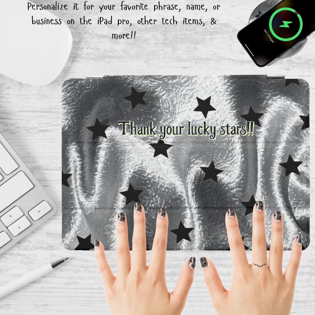 Stylish Faux Shiny Gray Fabric Black Stars Pattern iPad Pro Cover (Simple, bold, black stars are sprinkled on silvery luxurious fabric-looking background for iPad Pro)