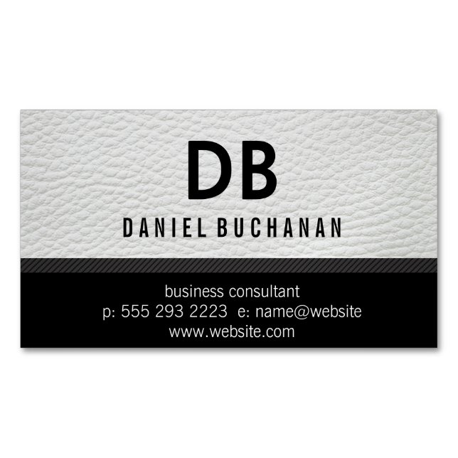Stylish Faux White Leather Monogram Business Card Magnet (Front)