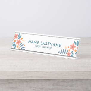 Stylish Feminine Fresh Pink Orange Blue Floral Desk Name Plate