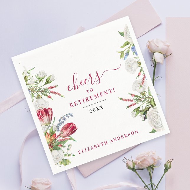 Stylish Feminine White Red Floral Cheers Retire Napkins (Creator Uploaded)