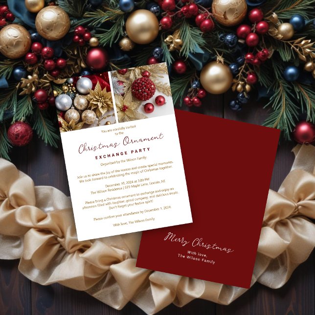 Stylish Festive Christmas Ornament Exchange Party  Invitation (Stylish Festive Christmas Ornament Exchange Party Invitations Cards. )