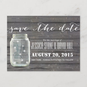 Stylish Fireflies & Mason Jar Wood Save the Date Announcement Postcard