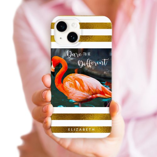 Stylish Flamingo Photo Gold Stripes Dare Quote iPhone 15 Case