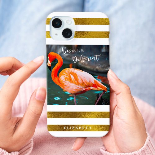 Stylish Flamingo Photo Gold Stripes Dare Quote iPhone 15 Plus Case