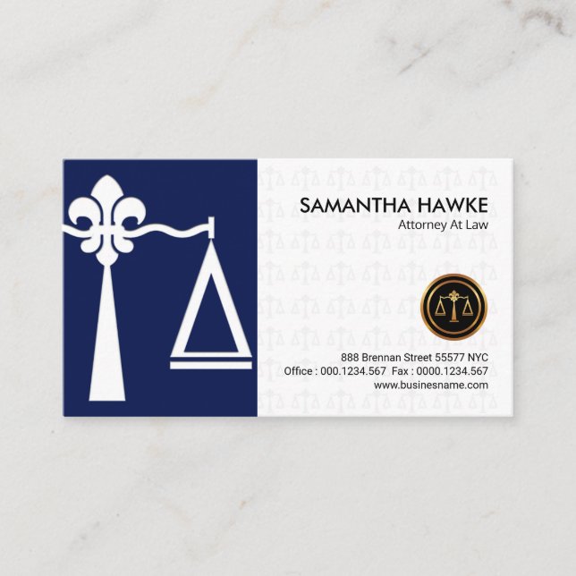 Stylish Fleur-De-Lis Justice Scales Elegant White Business Card (Front)