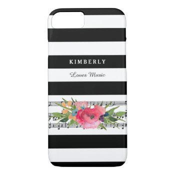 Stylish Floral And Stripes Musical Notes With Name Iphone 8/7 Case by ohsogirly at Zazzle