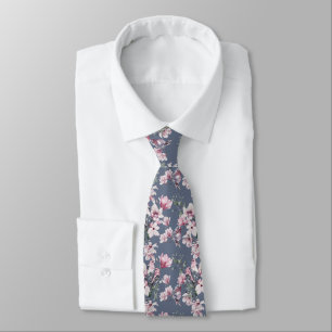 Stylish Floral Birds Pink & Blue Pattern Neck Tie