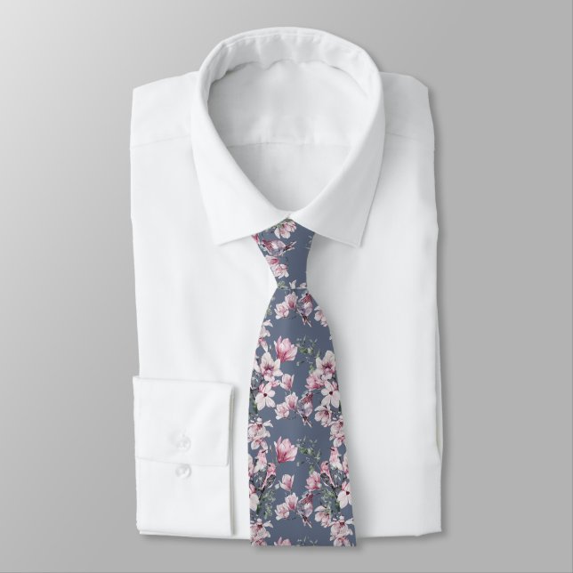 Stylish Floral Birds Pink & Blue Pattern Neck Tie (Tied)