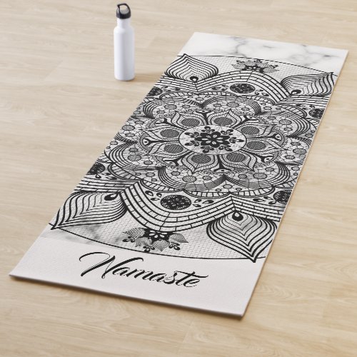 Stylish Floral Black and White Mandala Namaste Yoga Mat