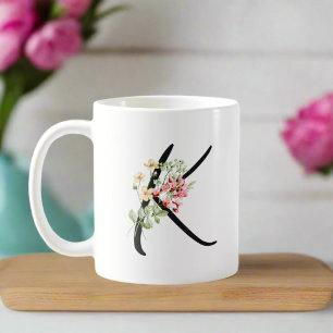 Stylish Floral Black Letter "K" Typography Coffee Mug