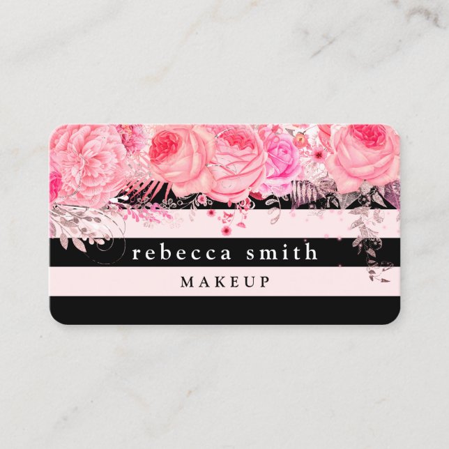 Stylish floral black pink stripes makeup artist business card (Front)