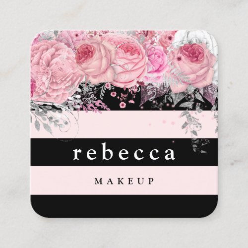 Stylish floral black pink stripes makeup artist square business card