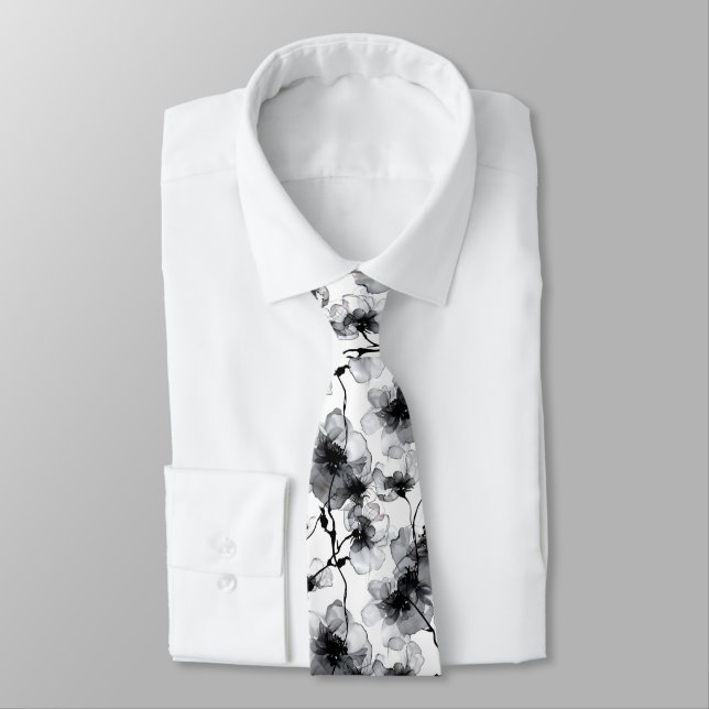 Stylish Floral Black White Modern Pattern Neck Tie (Tied)