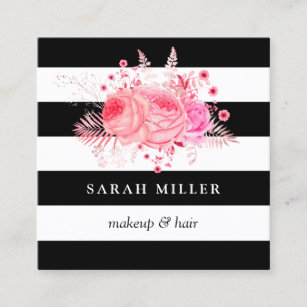 Stylish floral black white stripes makeup & hair square business card